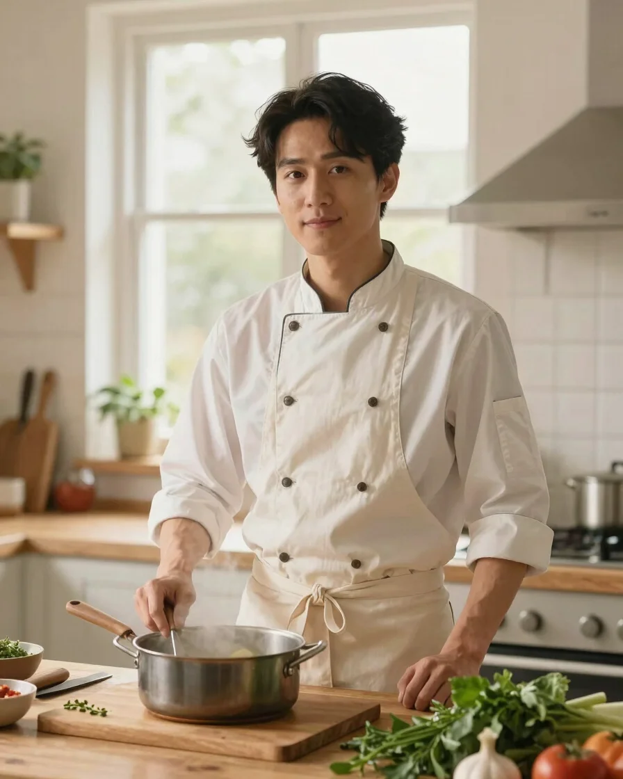 Natural portrait of a home cook in soft kitchen daylight, standing beside a wooden counter with fresh herbs and a simmer