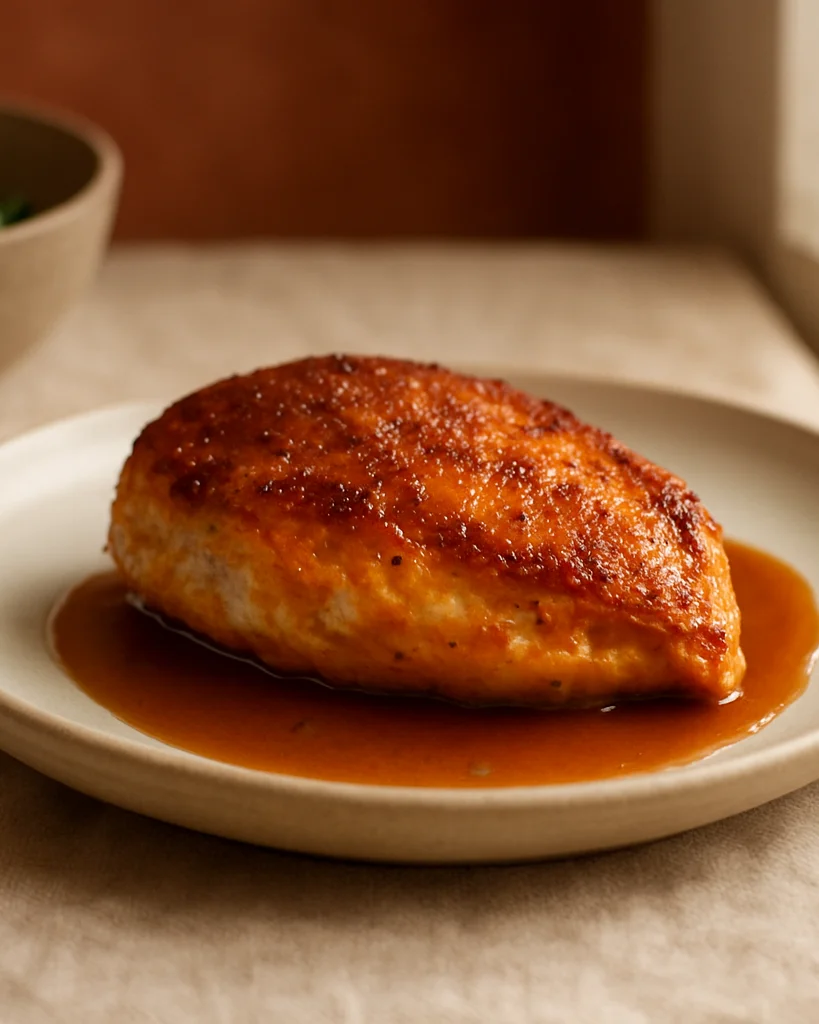 Close-up editorial food photograph of a golden pan-seared main co