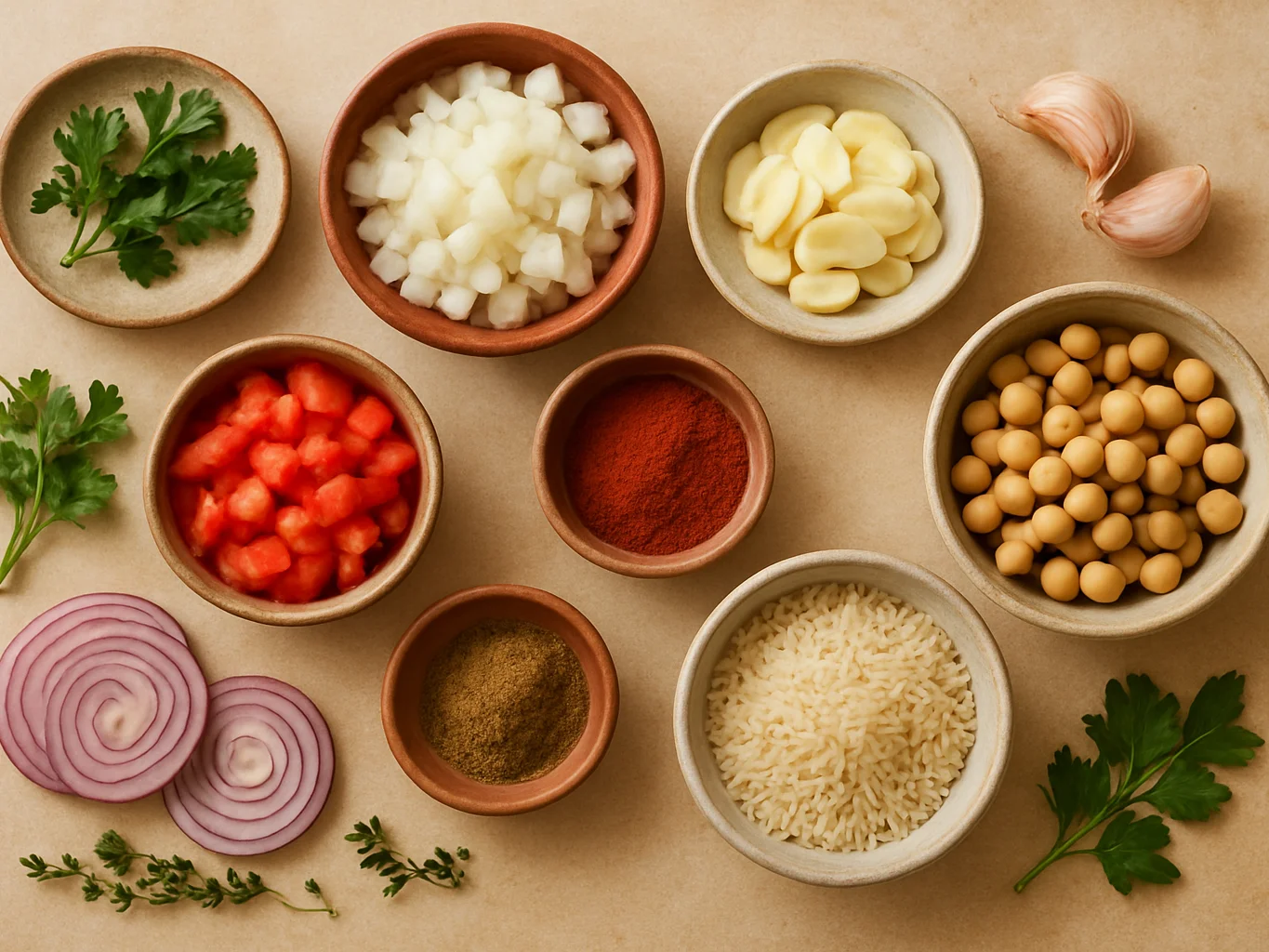 Overhead editorial food photograph of neatly arranged prepped ingredients in small ceramic bowls, fresh herbs and sliced