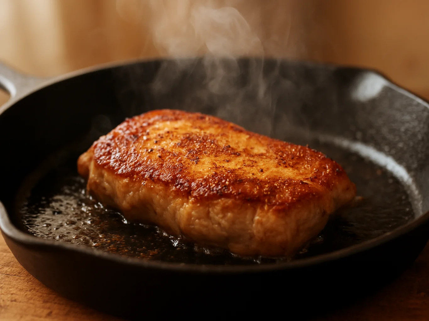 Close-up editorial food photograph of protein searing in a cast iron pan with visible golden crust and rising steam, sof