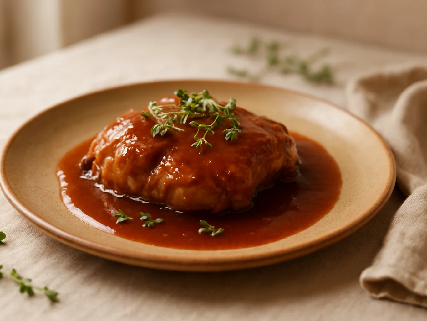 Editorial food photograph of a plated dish resting on a warm ceramic plate with glossy sauce and fresh herb garnish, nat